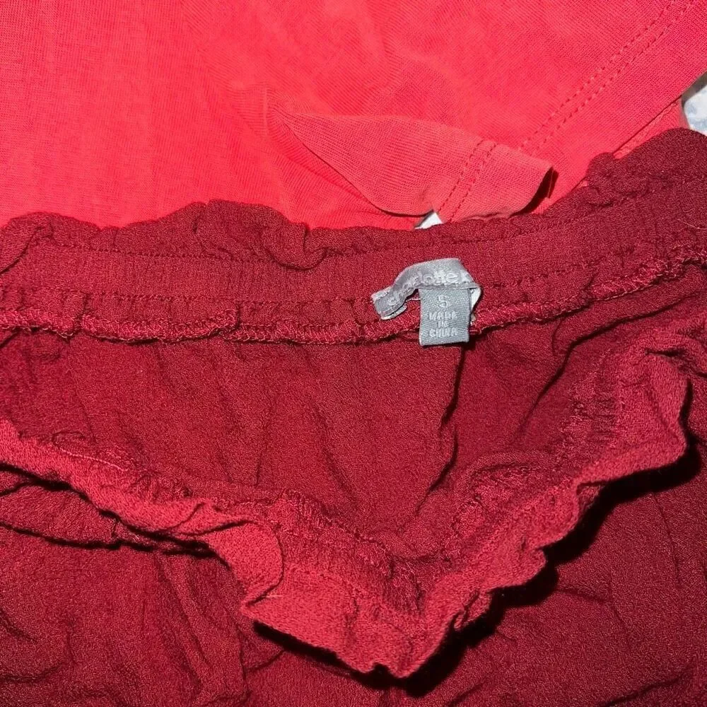 2 red shirts bundle set keyhole cutout t-shirt, and off the shoulder lacy eyelet